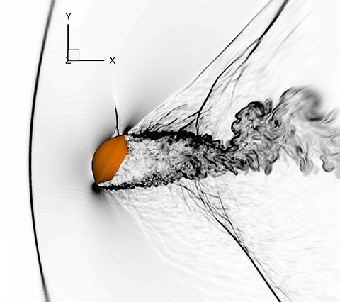 Example of simulation for supersonic flight of a HAYABUSA-like capsule at Mach 1.1 computed by JONATHAN