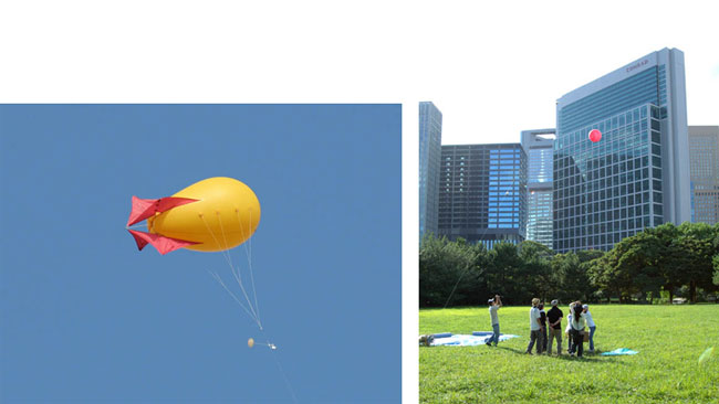 係留気球（左）とパイロットバルーンの放球（右）