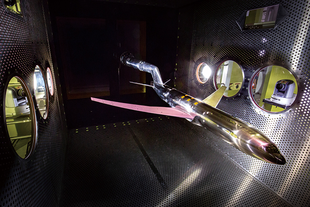 An international-standard model for wind tunnel testing technology development, installed inside the transonic wind tunnel.