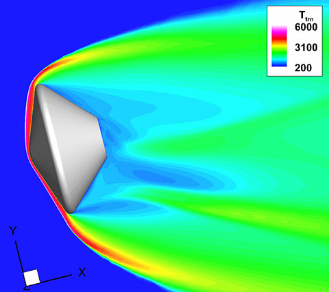 Example of flowfield around a Mars entry capsule flying at Mach 26 computed by JONATHAN